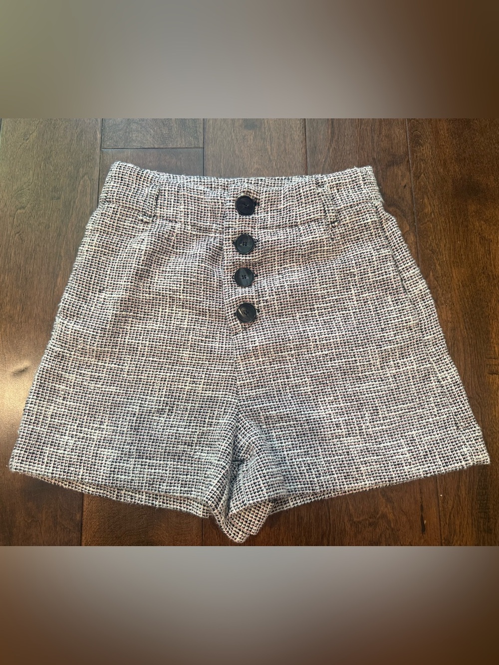 Zara High-Waist Tweed Button-Front Women’s Shorts XS - Black/Pink/White